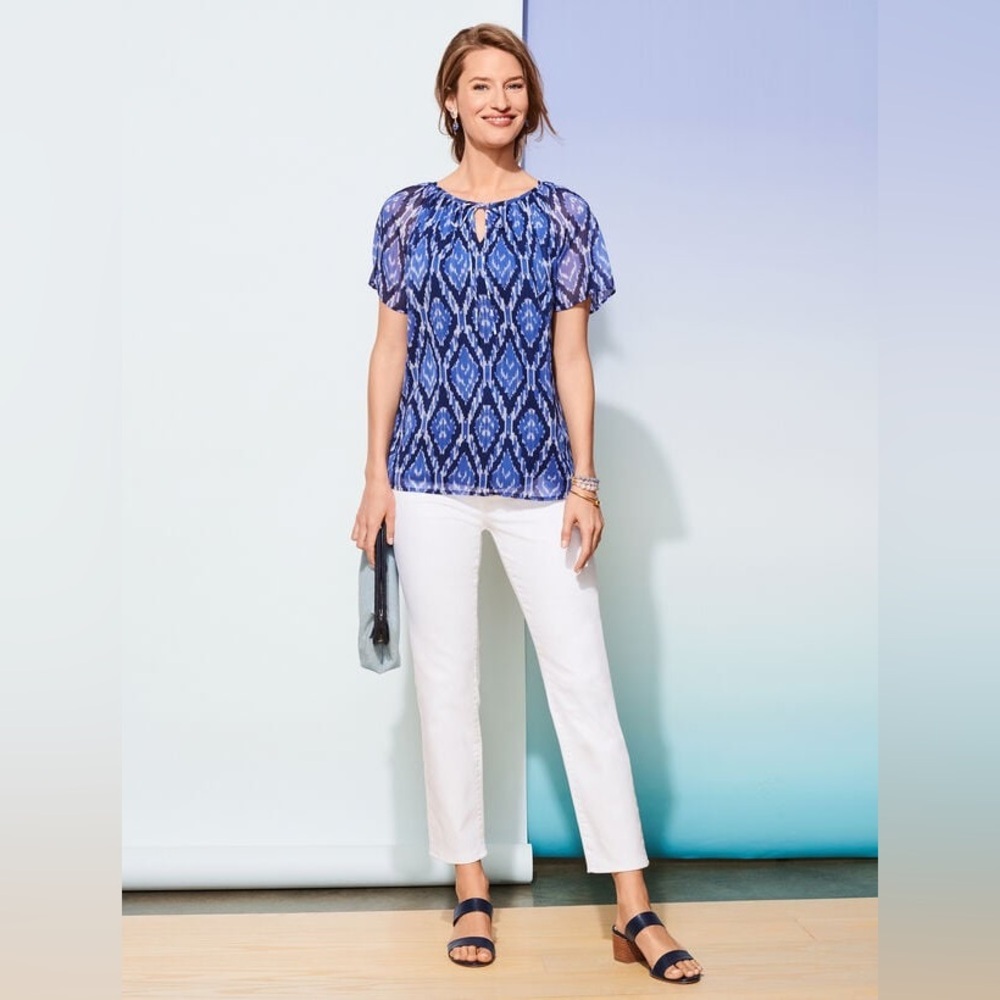Talbots Blue Geometric Tie Neck Blouse Women’s size XS - Picture 8 of 8